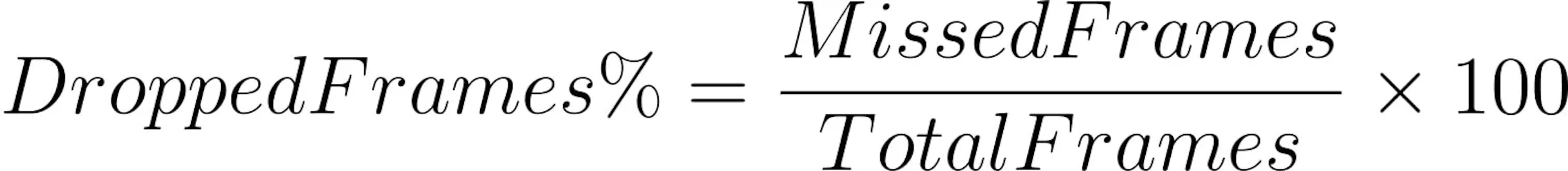 Formula showing Dropped Frames Percentage calculated as missed frames divided by total frames, multiplied by 100.