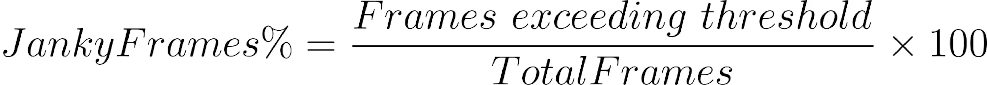 Formula showing Janky Frames Percentage calculated as the number of frames exceeding the performance threshold divided by total frames, multiplied by 100.