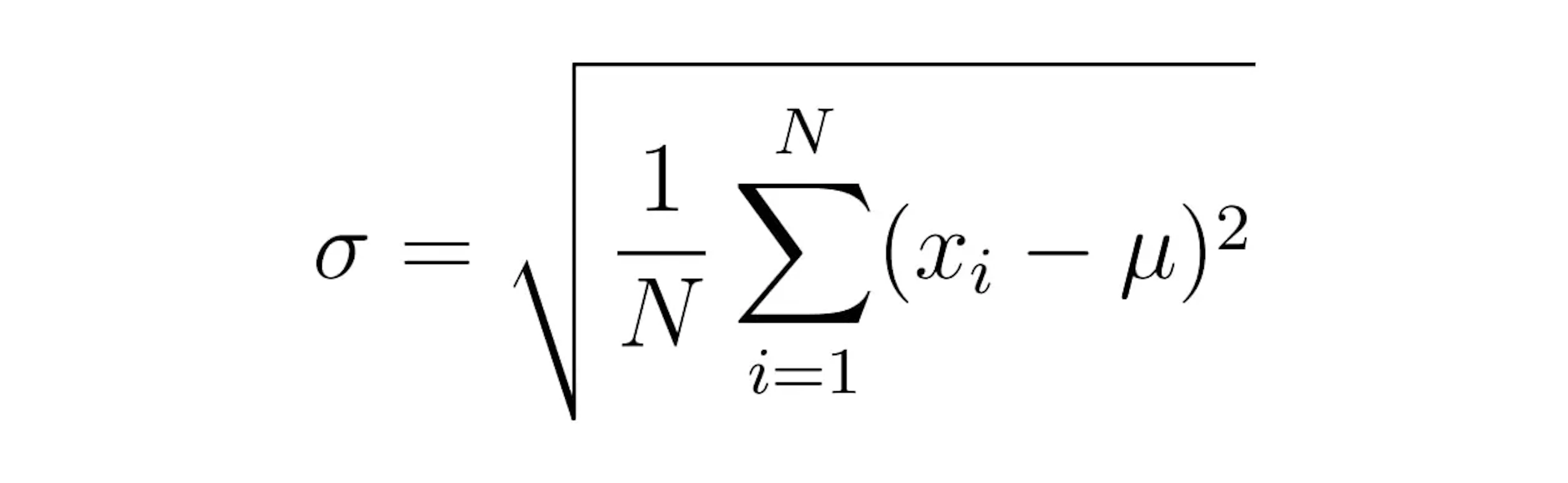 Formula showing standard deviation (σ) as the square root of the average squared differences between each value (xi) and the mean (μ), across N data points.