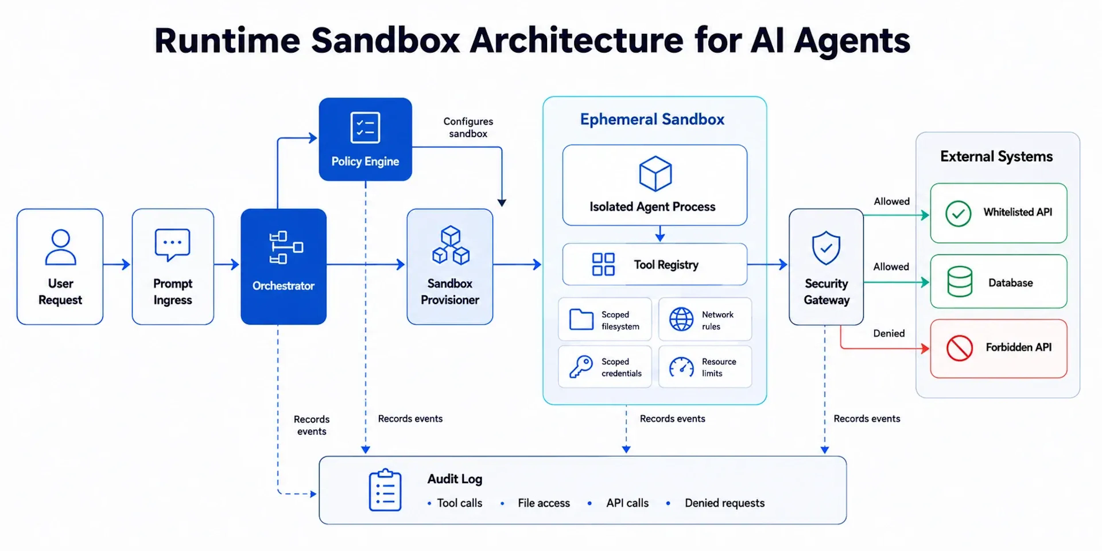 Diagram showing runtime sandbox architecture for AI agents, including prompt ingress, orchestrator, policy engine, sandbox provisioner, isolated agent process, security gateway, external systems, and audit log.