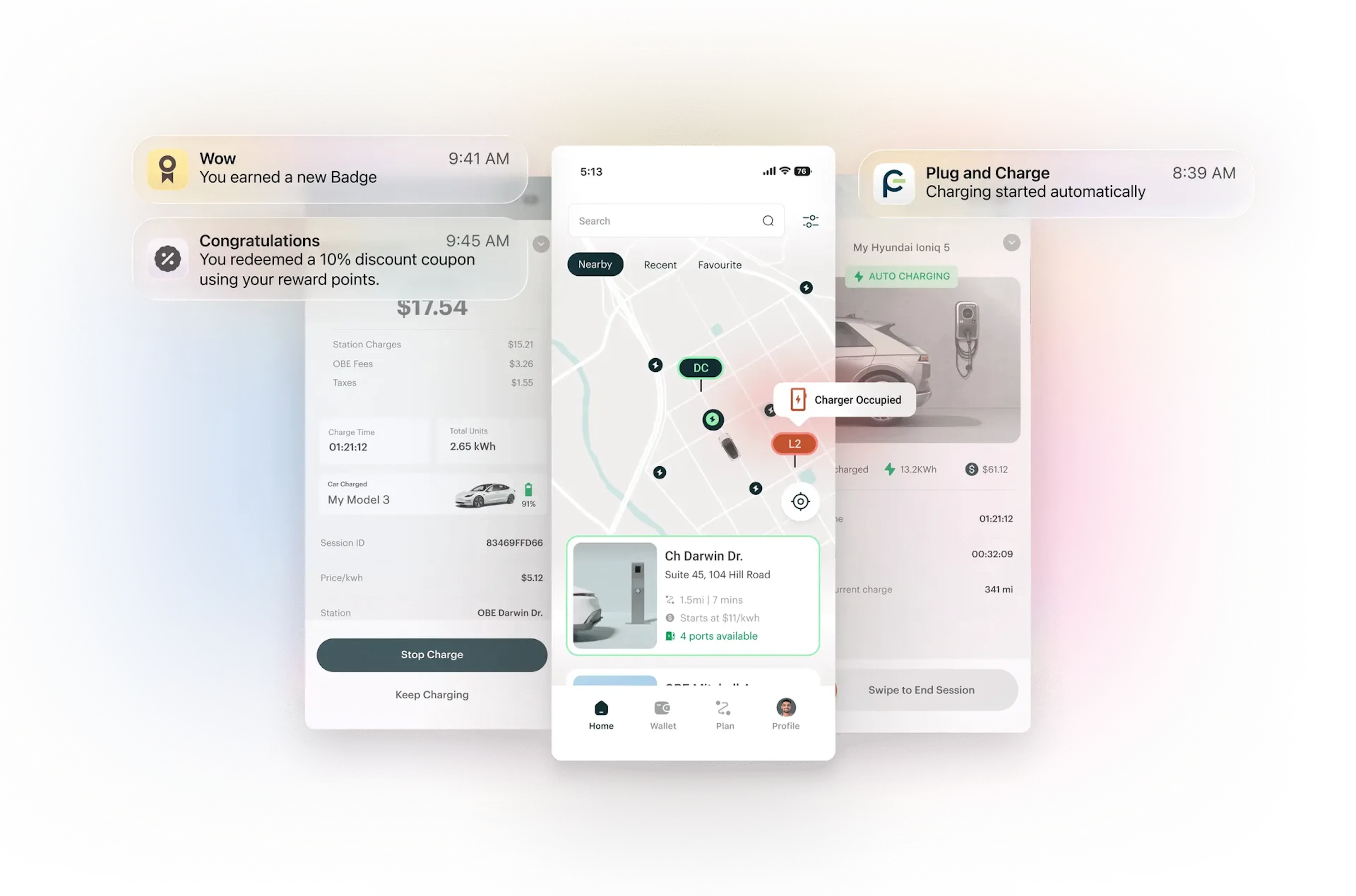 eMSP Mobile App Interface - Driver payments, route planning, and station locator