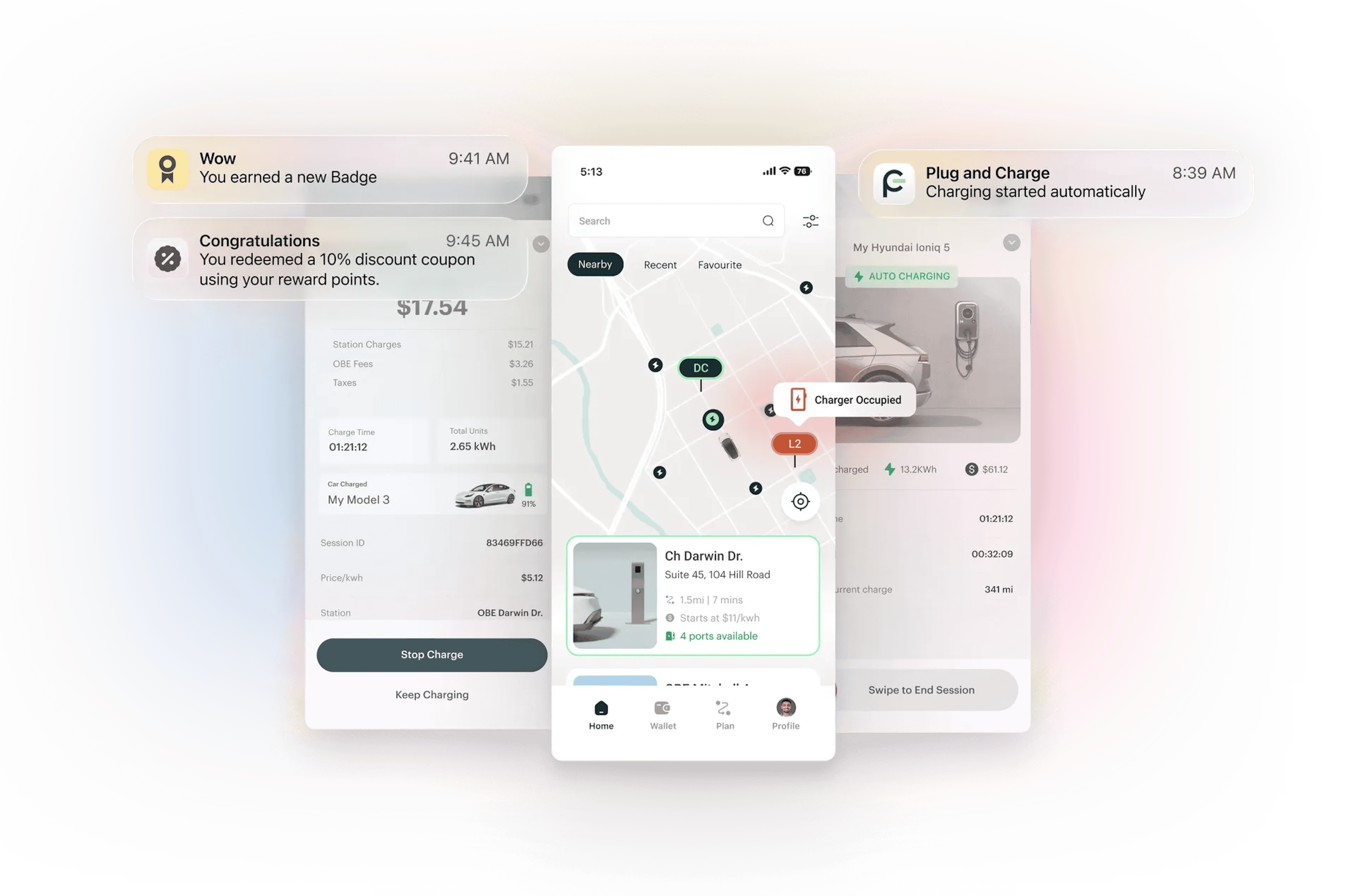 eMSP Mobile App Interface - Driver payments, route planning, and station locator