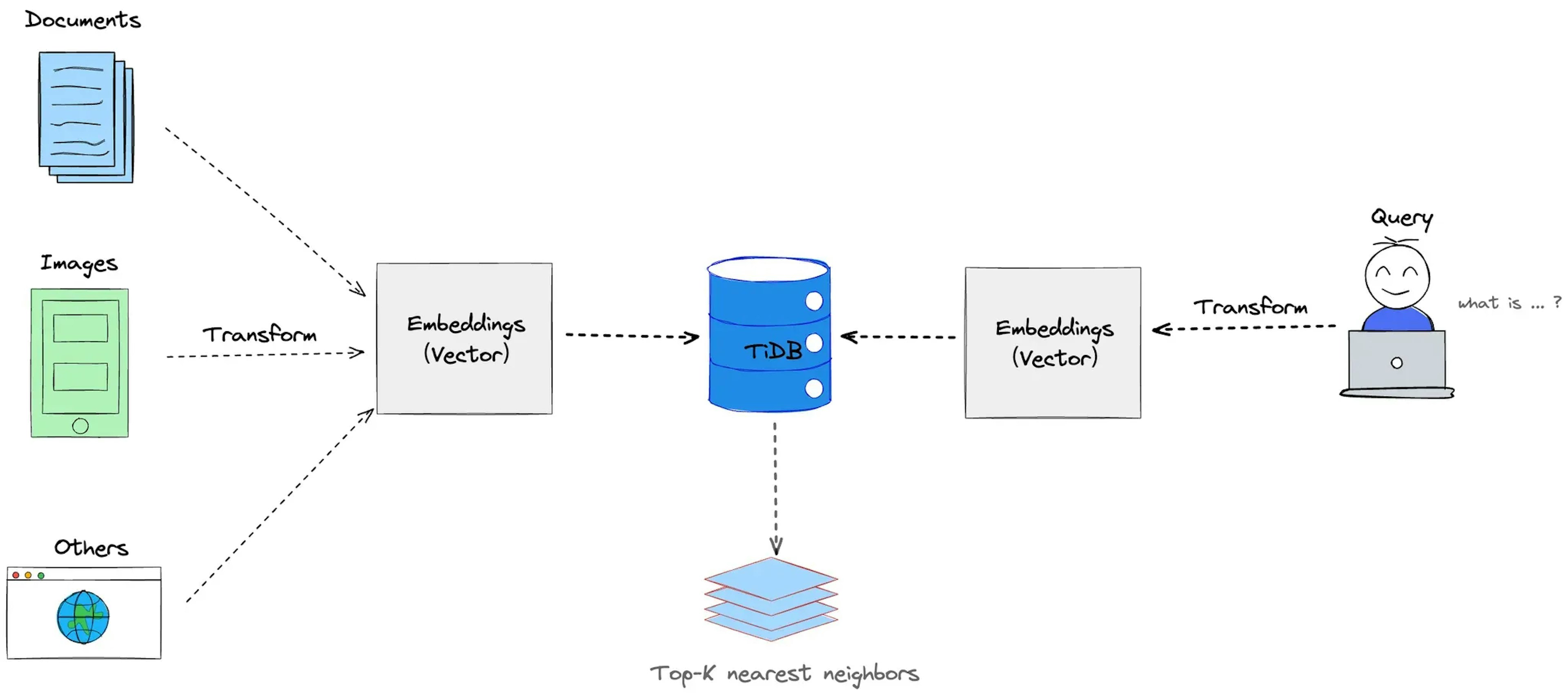 Vector embedding workflow from documents and images into a TiDB vector store and query results.