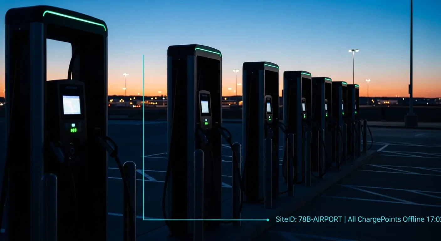 A row of six inactive EV chargers in a parking garage at dusk, with a cyan annotation indicating a site-wide outage with a timestamp.