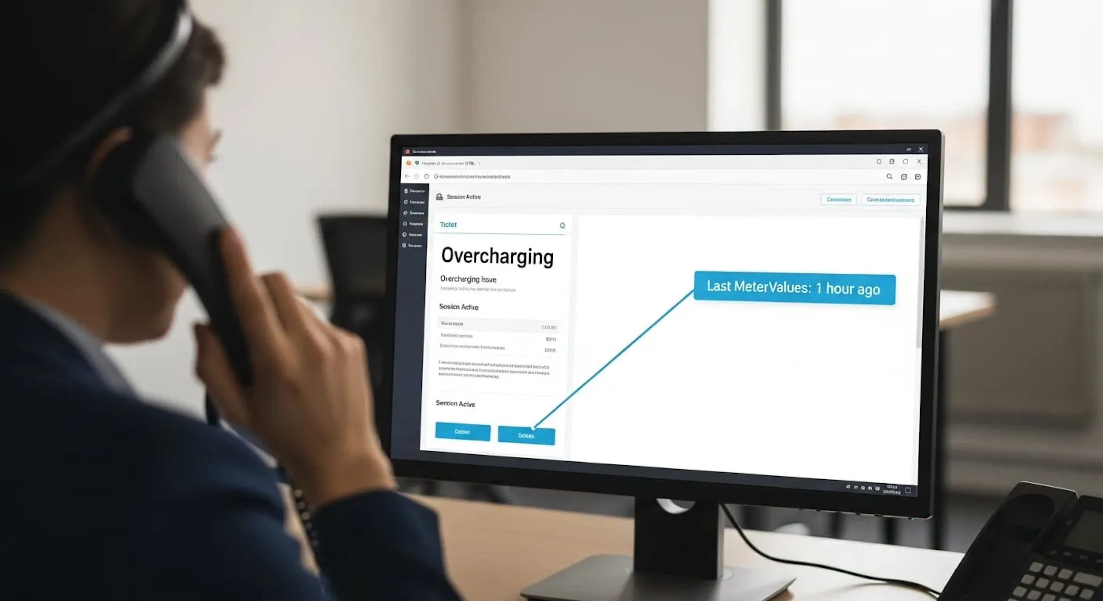 A computer screen shows an EV charging billing dispute ticket, with a cyan annotation highlighting the timestamp of the last meter reading from the charger.
