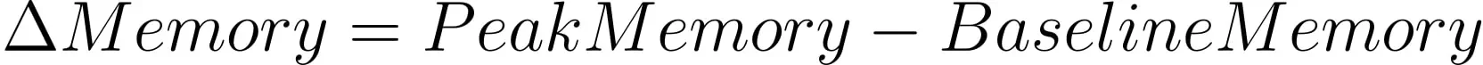 Formula showing memory delta (ΔMemory) calculated as peak memory usage minus baseline memory usage.