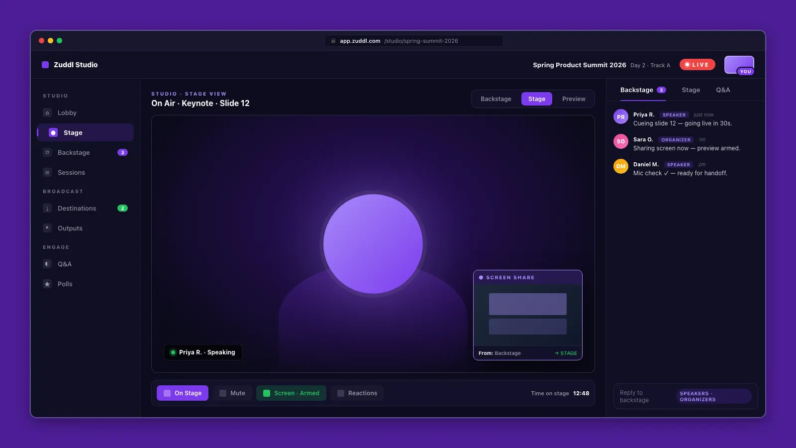 Zuddl studio speaker view showing clearer stage controls and live broadcast context
