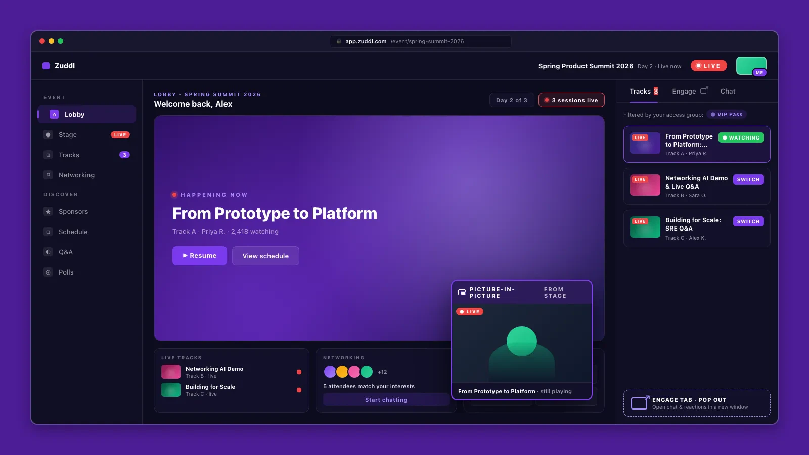 Zuddl attendee experience mockup showing multi-track sessions and picture-in-picture viewing