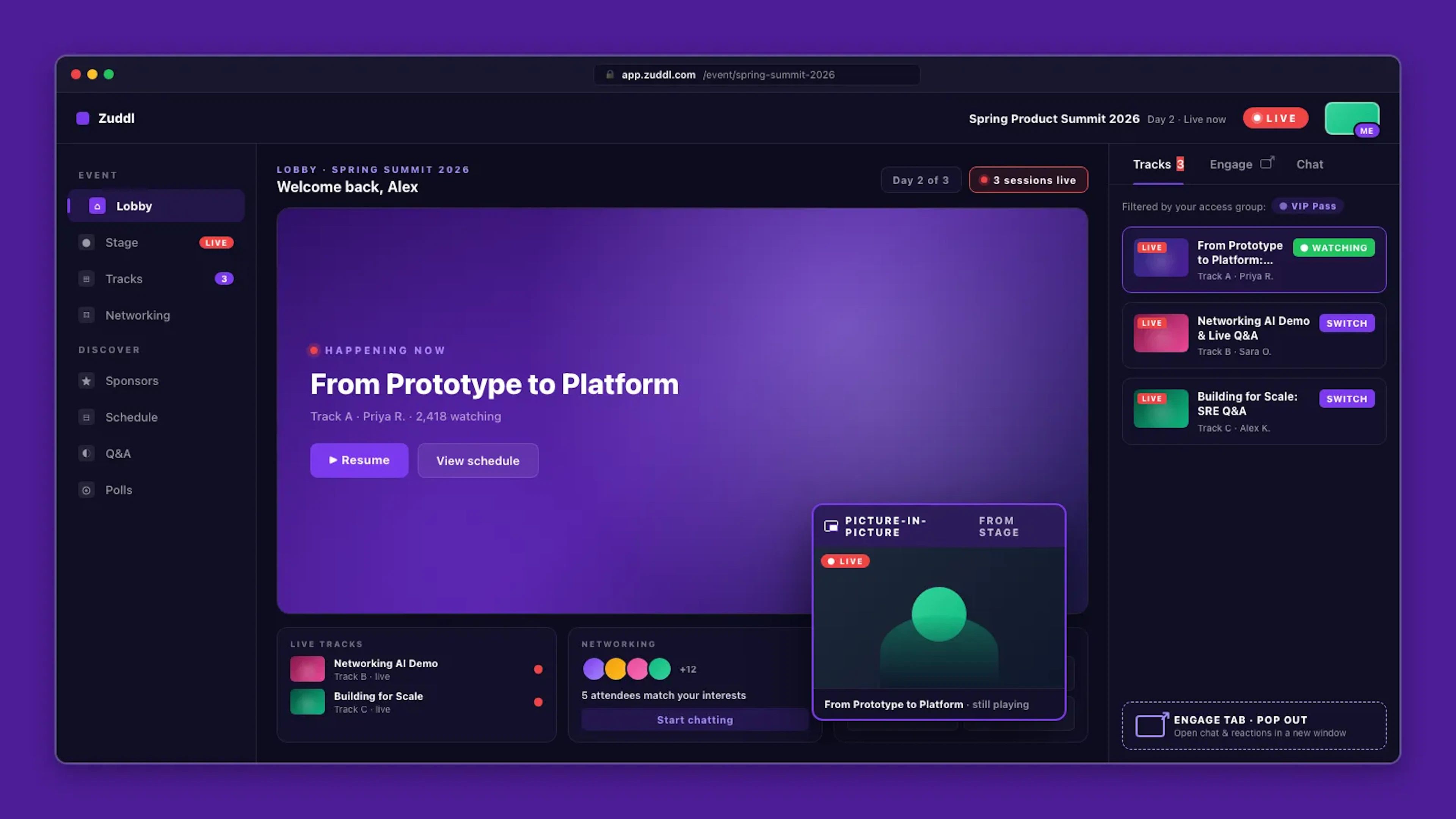 Zuddl attendee experience mockup showing multi-track sessions and picture-in-picture viewing