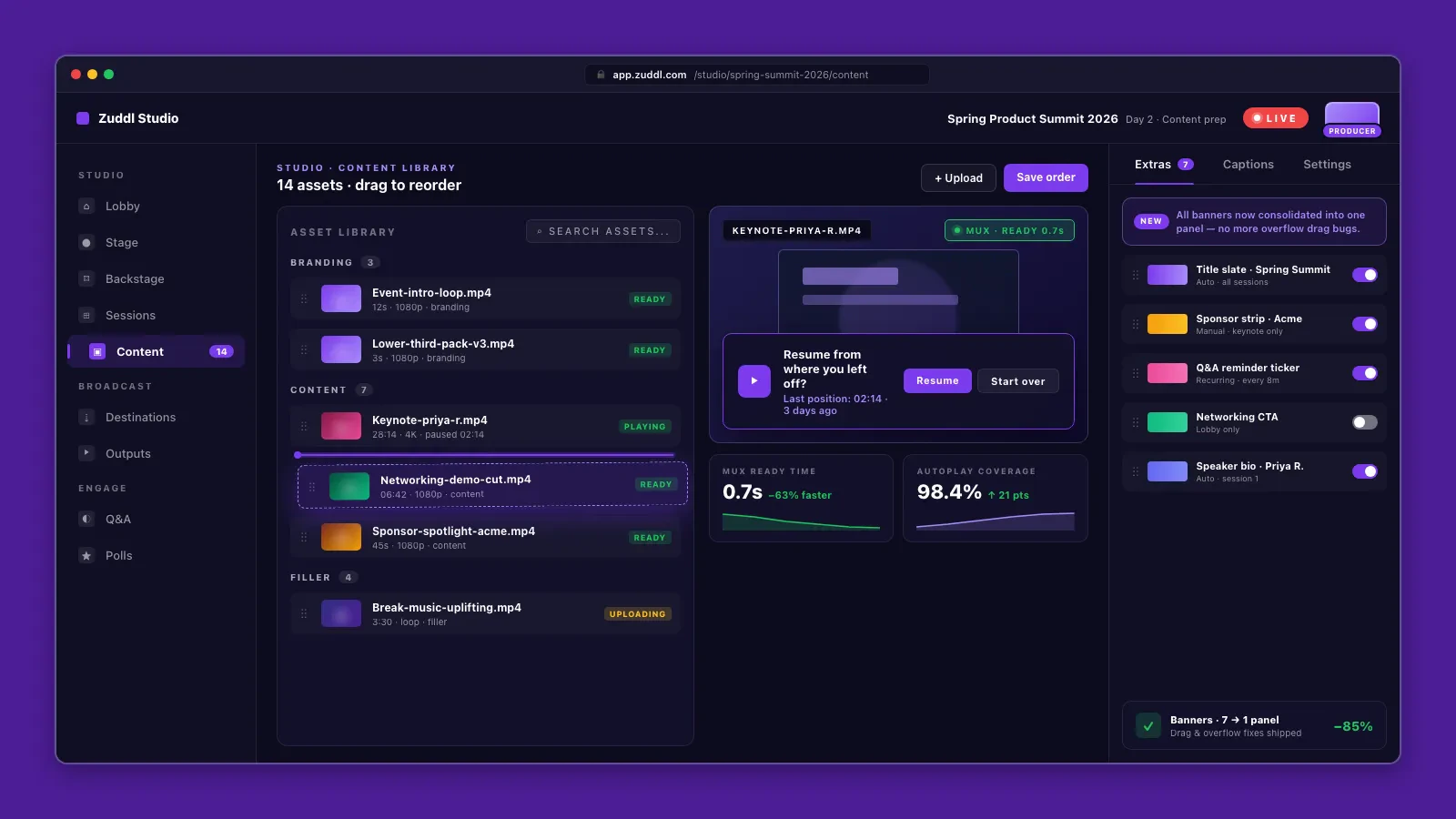 Zuddl content and media management mockup showing studio assets, branding, and playback controls