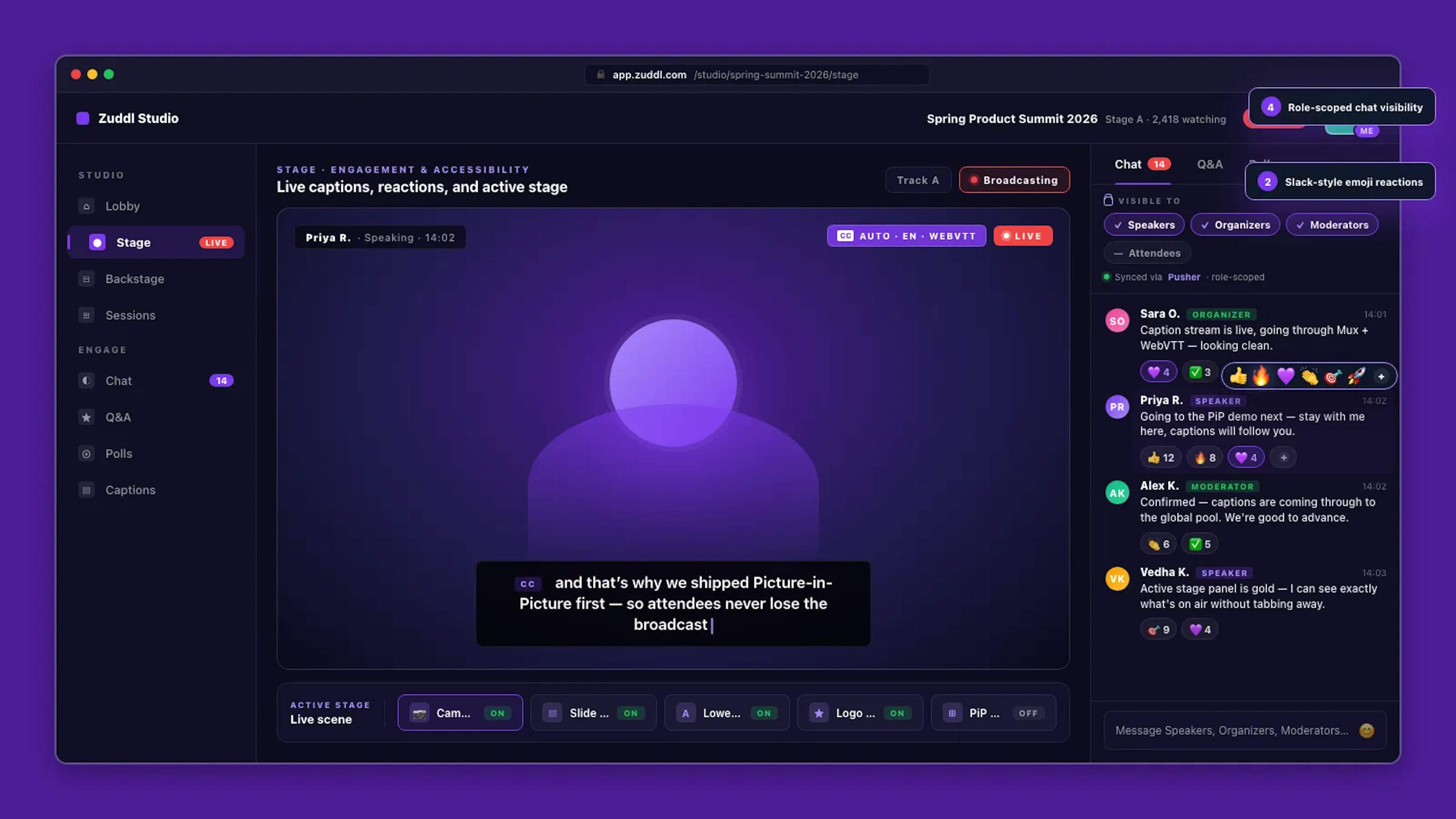 Zuddl engagement and accessibility mockup showing captions, role-scoped chat, and emoji reactions